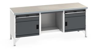 Bott Cubio Storage Workbench 2000mm wide x 750mm Deep x 840mm high supplied with a Linoleum worktop (particle board core with grey linoleum surface and plastic edgebanding), 2 x 150mm high drawers, 2 x 350mm high integral storage cupboards and 1... 2000mm Wide Engineering Storage Benches with Cupboards & Drawers